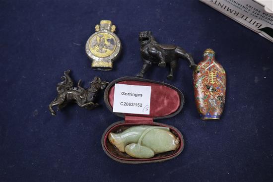 A Chinese green and russet jade fish, a cloisonne enamel snuff bottle, a pewter snuff bottle and two small Oriental bronzes